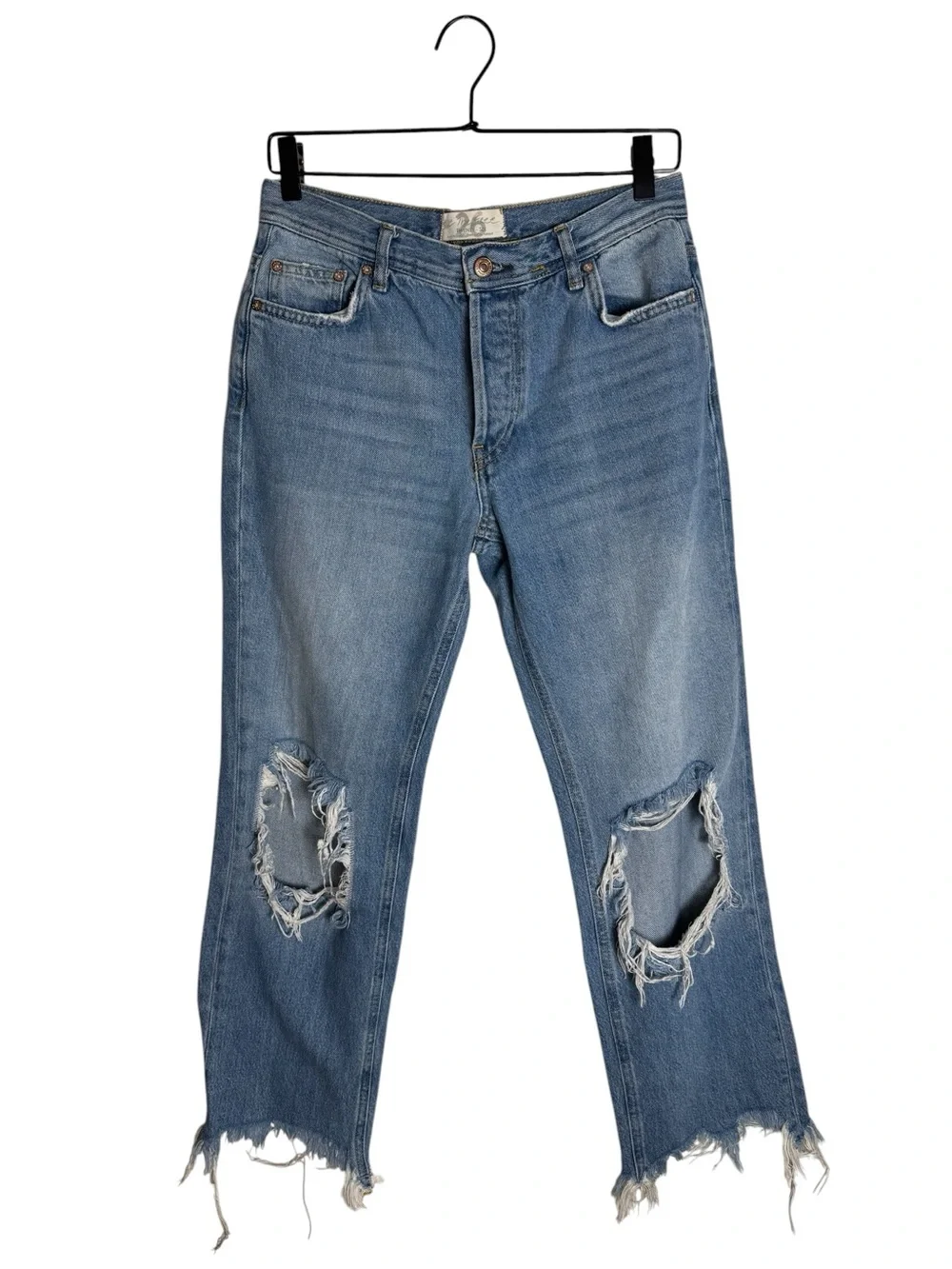 Free People Tapered Baggy Distressed Raw Hem Jeans Light Wash Low Mid Rise 26